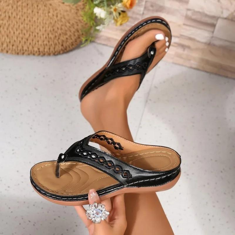 Женские сандалии на платформе, пляжные повседневные шлепанцы на танкетке, ортопедические шлепанцы премиум-класса с открытым носком, противоскользящей уличной обувью из искусственной кожи с большим носком