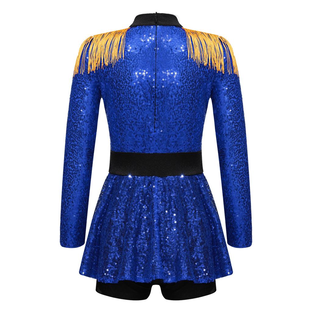 Girls Ringmaster Circus Costume Long Sleeve Tassel Epaulet Shiny Sequins Design Jumpsuit Dress