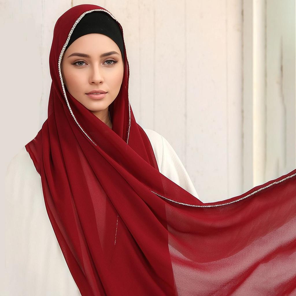 Luxury Rhinestone Chiffon Solid Long Scarf Islamic Women's Head Wrap Neck Scarf Hijab Lightweight Turban Headband 180*70CM