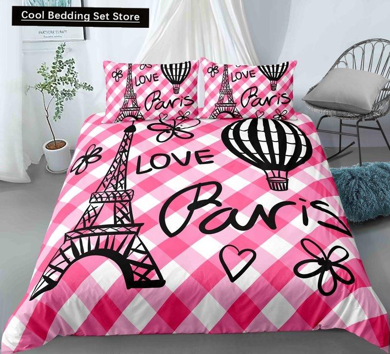 Пододеяльник с изображением парижской башни King Queen Знаменитые здания во Франции Комплект постельного белья для взрослых Розовый Романтический 2/3 шт. Полиэстеровый пододеяльник