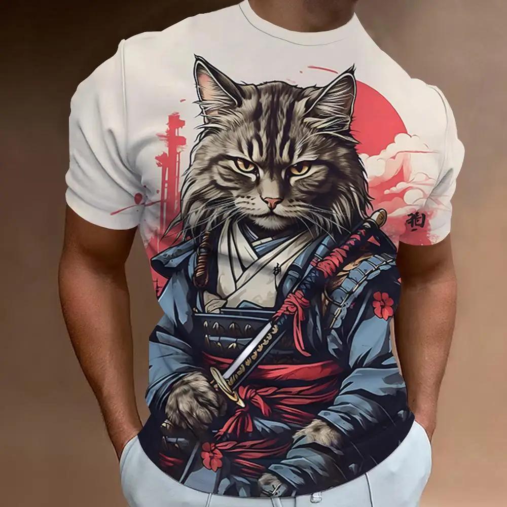New Retro Men 2024 Fashion Oversized Men's Clothing Quick Drying T-shirt Top T-shirt 3d Samurai Cat Print Short Sleeve T-shirt
