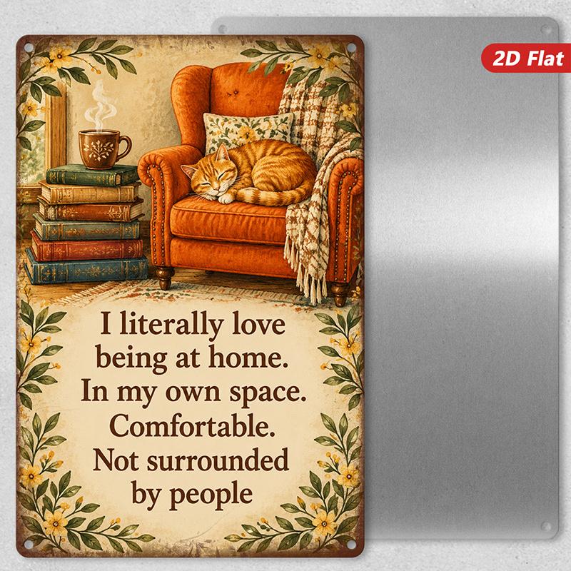 2D Flat, 1pc Cozy Orange Armchair Cat Print Metal Sign Wall Art, Relaxing Quote, Accent Piece, Living Room Enhancement, Introvert Appreciation Gift, H