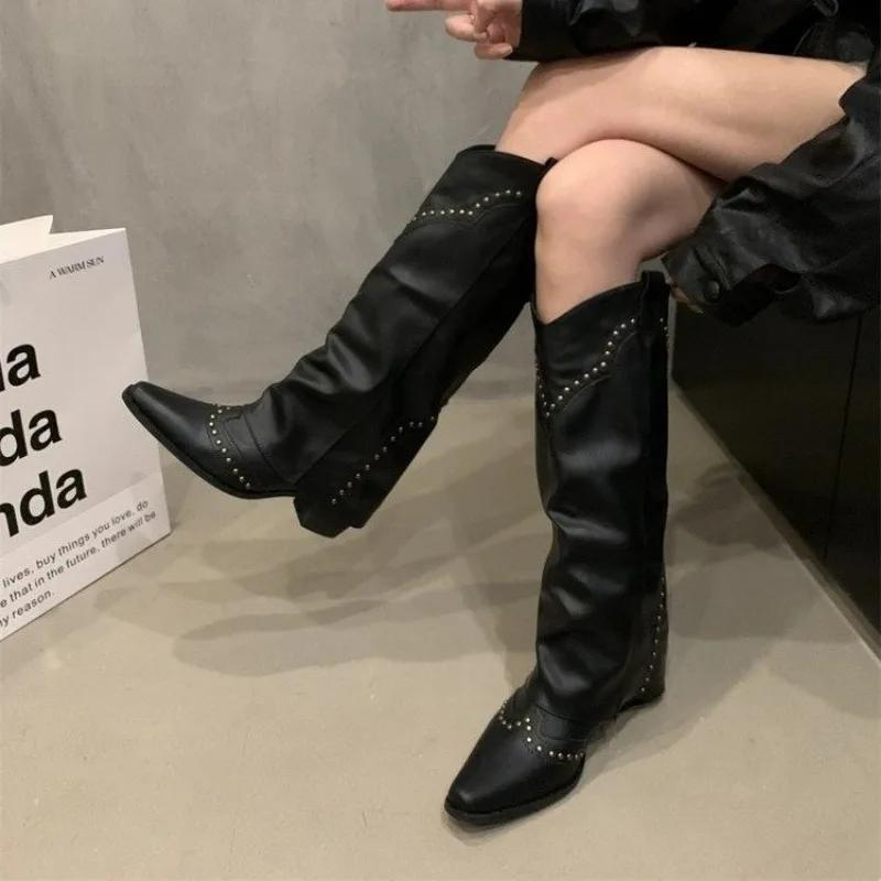 Модные винтажные коричневые ботинки Chelsea Botas с V-образной пряжкой, модные ковбойские сапоги с острым носком, заклепки, женские нескользящие ботинки