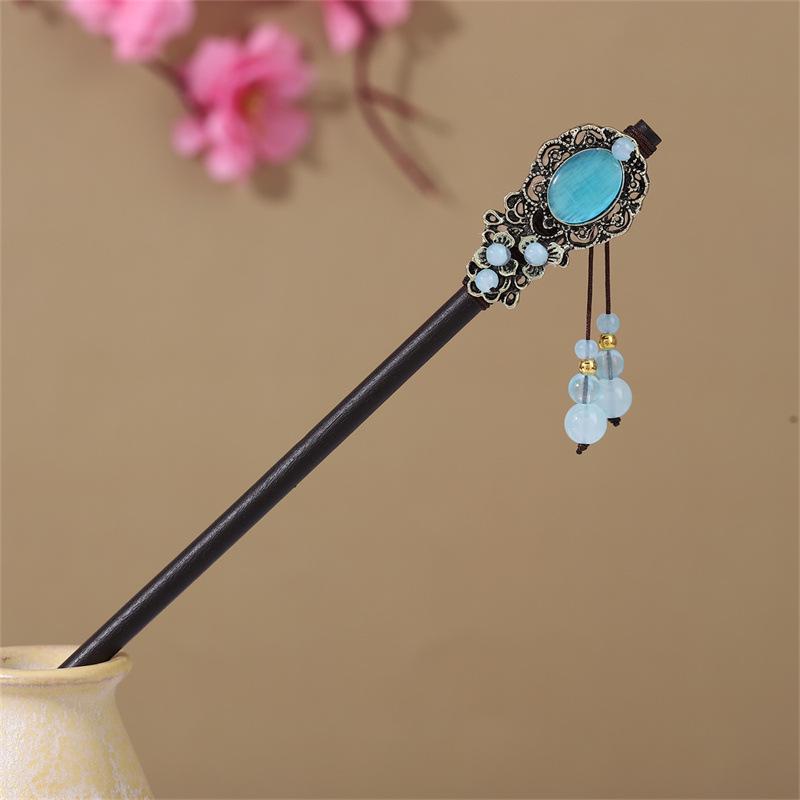 Деревянная шпилька для волос в старинном стиле с зеленой и золотой кисточкой, цветочными и бисерными акцентами для костюма ханьфу