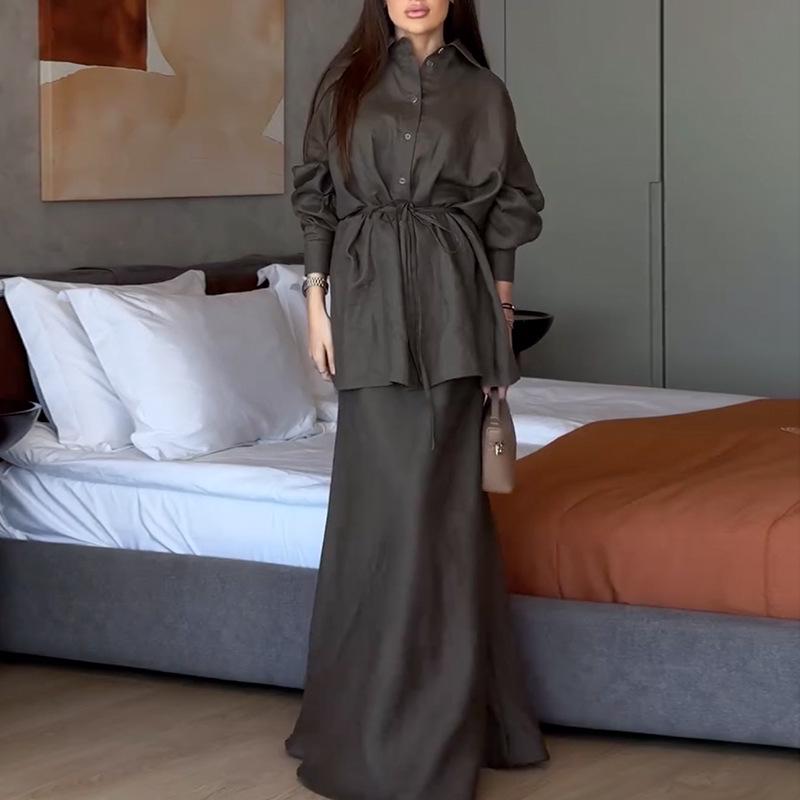 Мода Весна/Лето 2025 для Женщин Европы и Америки: Комплект: свободная рубашка с отложным воротником и длинным рукавом и юбка-миди с высокой талией