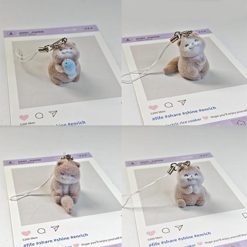 Lovely 3D Flocked Otter Pendant Keychain Cute Cartoon Backpack Charm Animal Keyring Bag Hanging Decoration Accessories