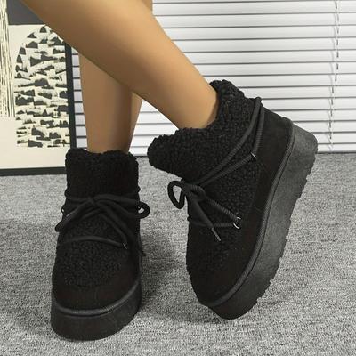 Женские зимние плюшевые ботильоны с меховым воротником и манжетами - бежевые ботинки на шнуровке с круглым носком для снега и льда, с подошвой из ТПР, теплые и уютные, с шинами для сцепления.