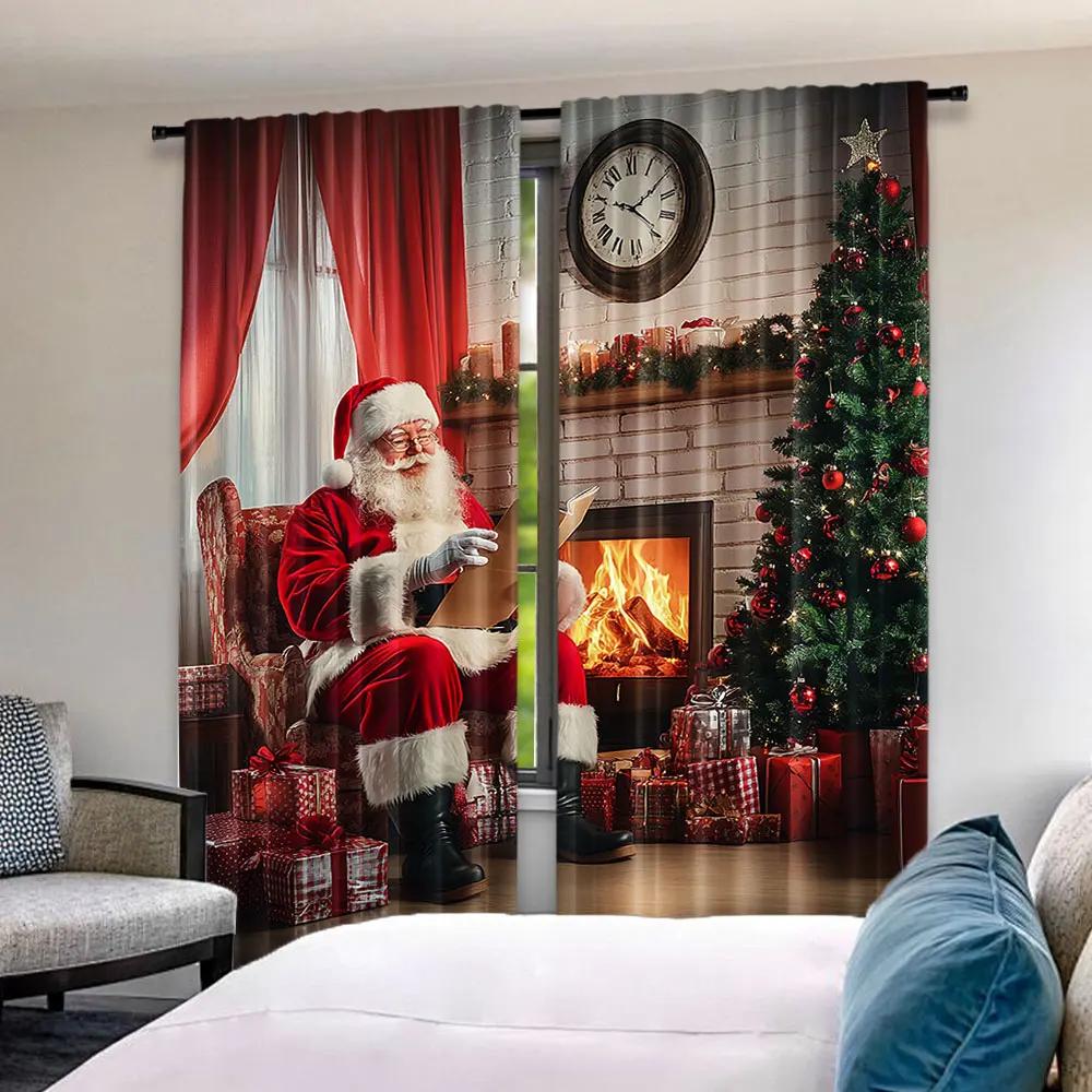 2 шт. Шторы Санта-Клауса. Старый Санта-Клаус сидит дома в рождественскую ночь и читает письмо возле дерева. Гостиная, спальня.