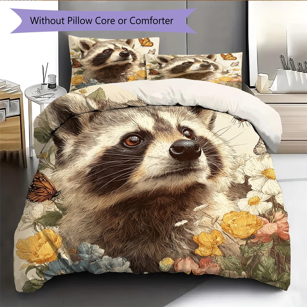 Raccoon and Flowers Pattern Bedding Home Decoration Birthday Gift (1 * duvet cover + 2 * pillowcase, without core)
