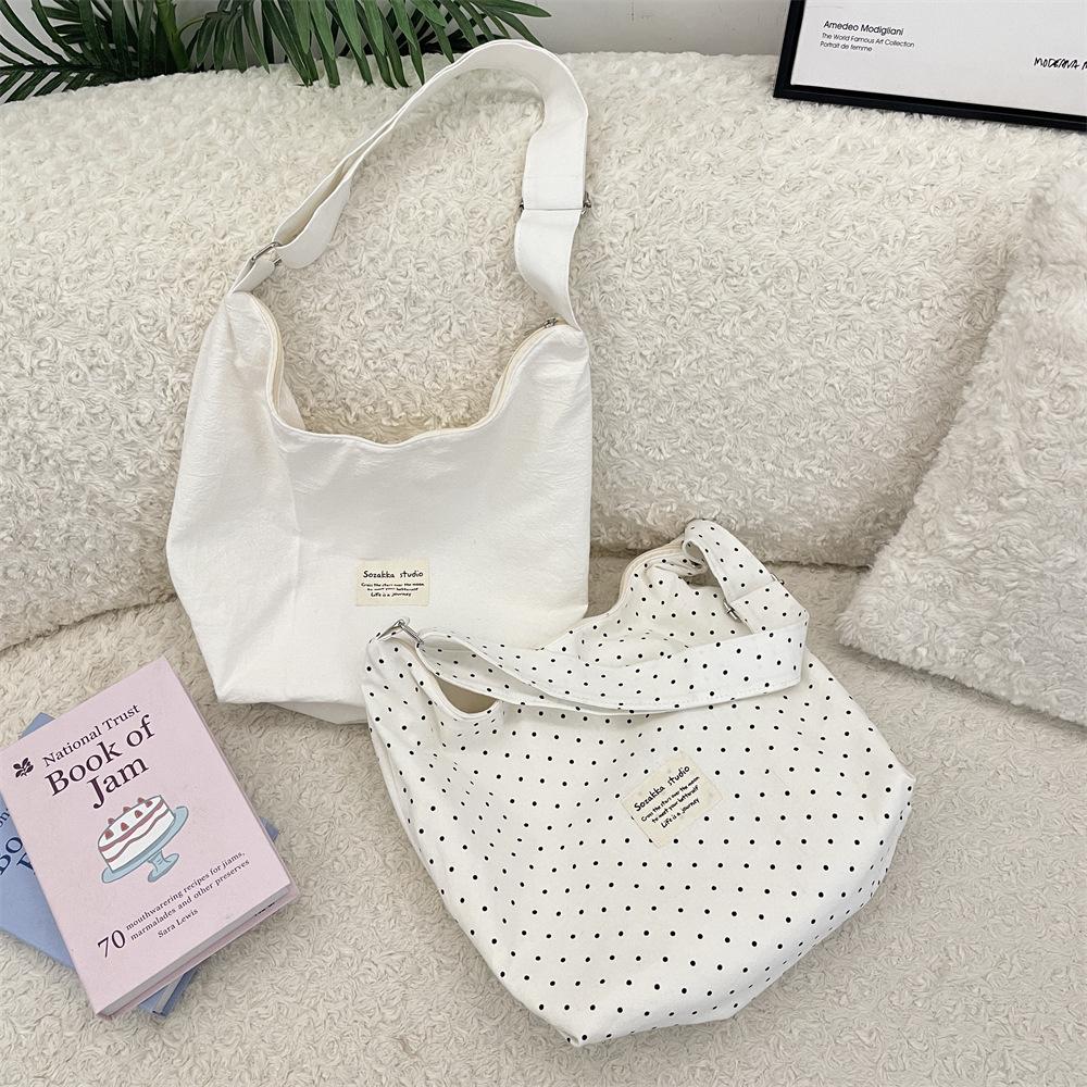 91 Милая розовая холщовая сумка через плечо в горошек со звездным принтом, большая вместительная сумка-тоут,通勤 тканевая сумка-мессенджер