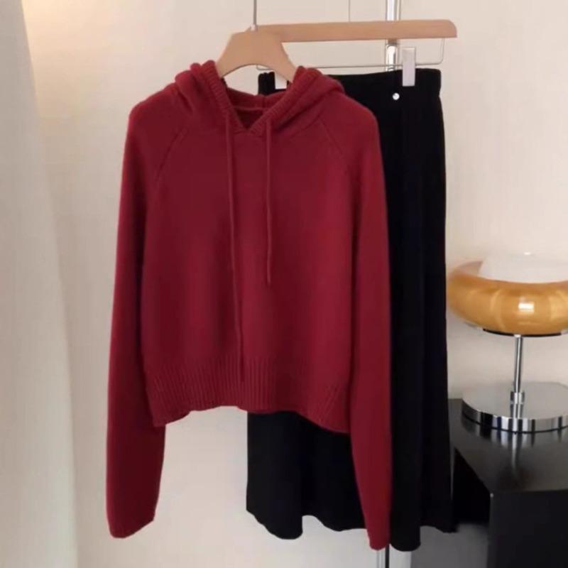Hooded Red Sweater Women's Autumn and Winter Lazy Wind High-end Knitted Sweater Inner Top Small Early Autumn