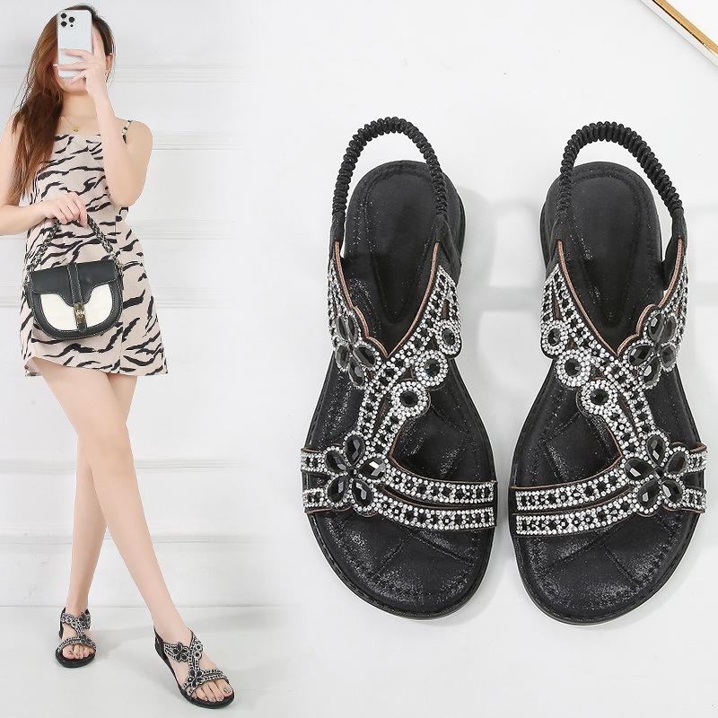 Обувь больших размеров для женщин, сандалии со стразами, пляжная обувь с резинкой, модные повседневные босоножки с открытым носком