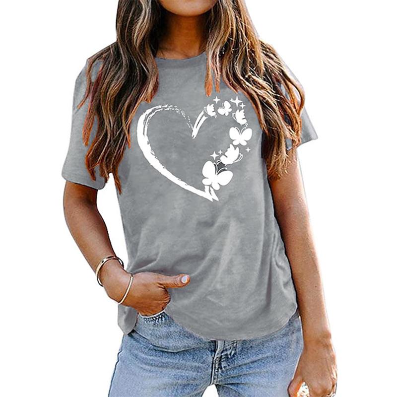 Women's Summer T-shirt Blue Heart Printed Short Sleeved T-shirt Casual Printed Top
