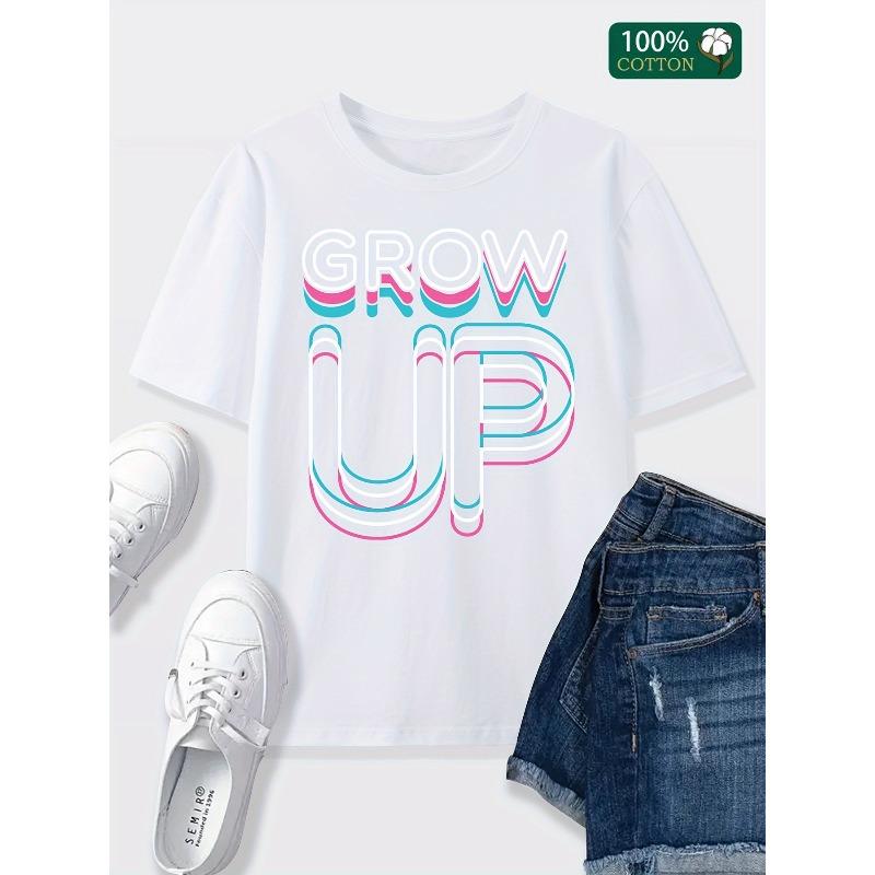 Европейский размер GROW UP Футболка с 3D-принтом букв – Женская повседневная футболка с круглым вырезом, Удобная и универсальная для дома, отдыха, моды, на каждый день