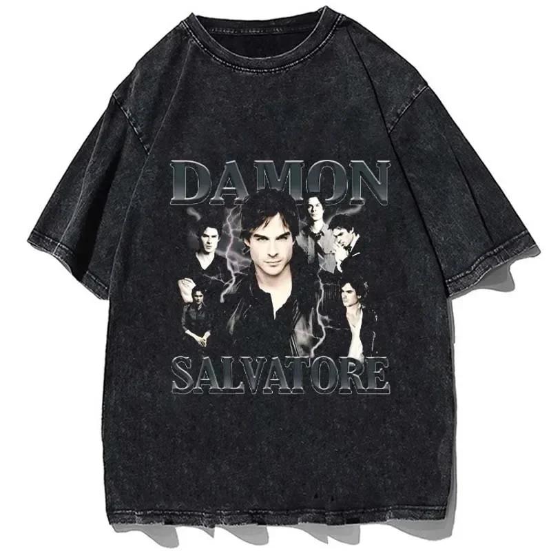 Мужская и женская футболка с графическим принтом Damon Salvatore, винтажная стирка, хлопок, летняя новая футболка, уличная мода, короткий рукав, свободный, повседневный, оверсайз топ