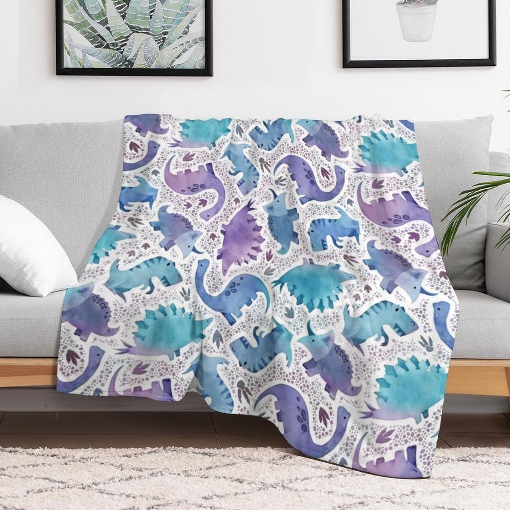 Watercolor dinosaur purple and blue on navy Throw Blanket Multi Use Warm Blanket for Living Room Bedroom