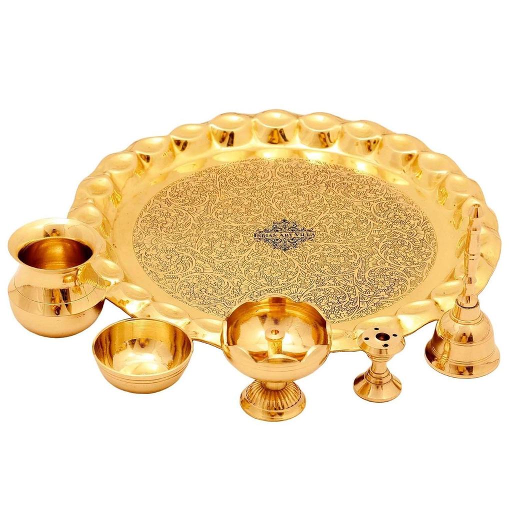Pure Brass Pooja Thali Set with Floral Vines Embossed Design, Religious Spiritual Item, Home Temple, DIameter-10.1" Inch