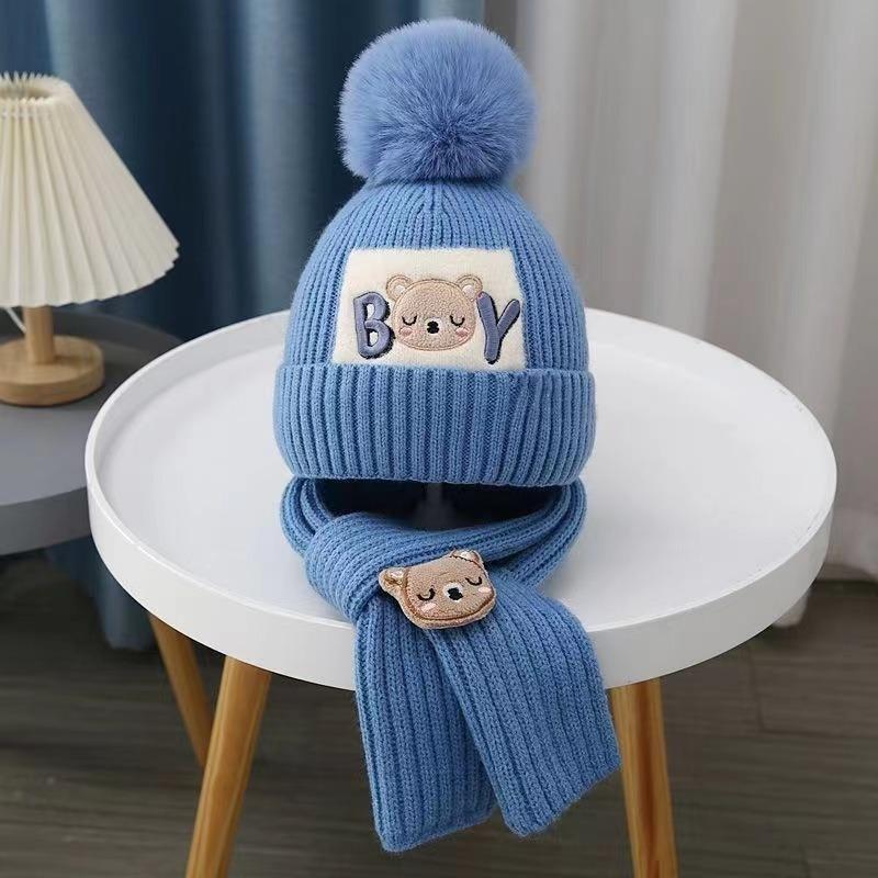 Autumn and Winter Children's Hat Boy Bear Wool Hat Girl Knitted Cotton Warm Baby Hat Scarf Two-piece Set