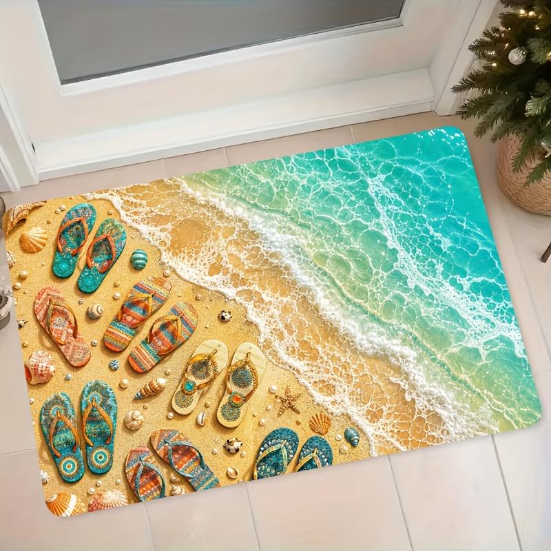 1pc Bohemian Style Beach Herringbone Seashell Seascape Flannel Floor Mat, Absorbent Non-Slip Doormat for Entryway, Foyer, Bathroom, Kitchen, and Bedro