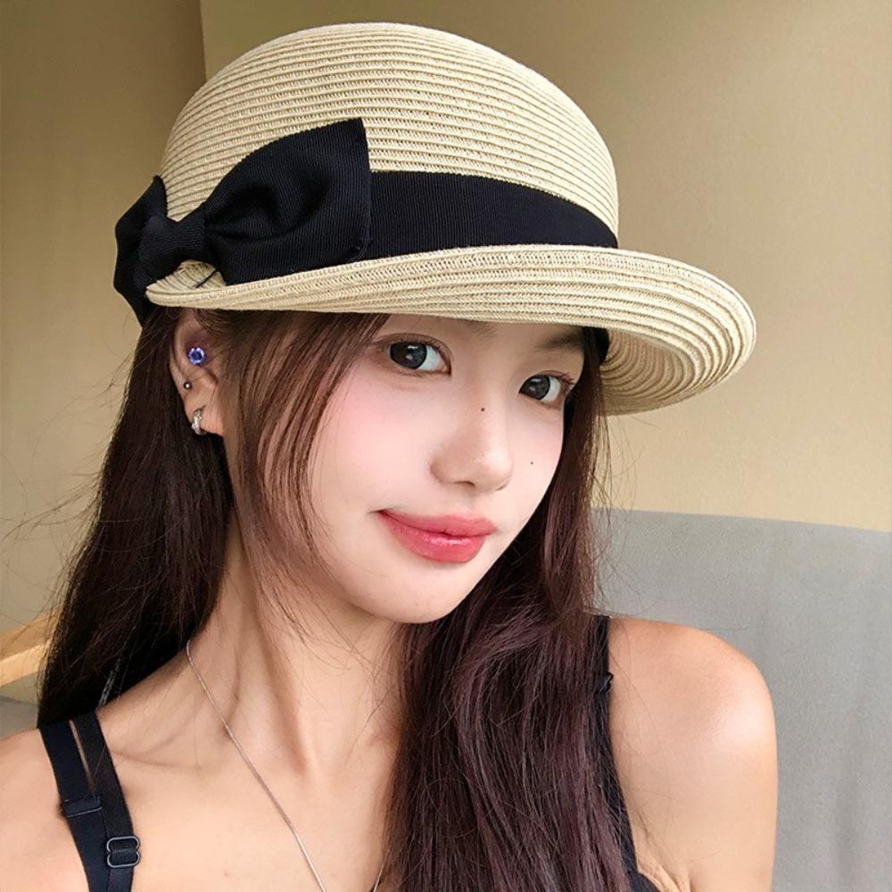 French Woven Straw Cap Elegant Equestrian Hat Ins Bow Straw Cap  Ladies/Girls