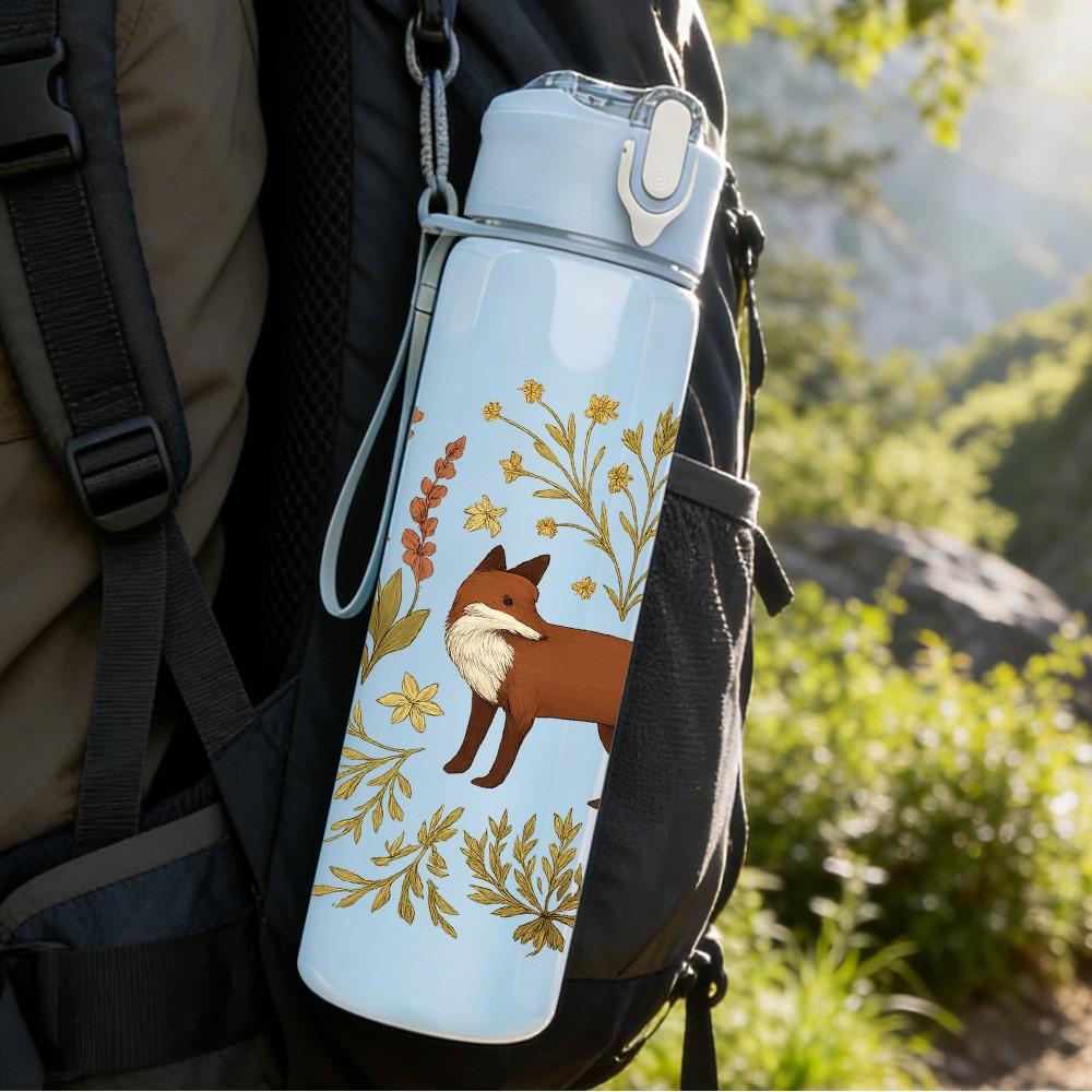 1PC Autumn Bush Fox Illustration 750ml Color Plastic Sports Water Bottle Leakproof Flip Straw Lid Suitable for Sports Office Home Use