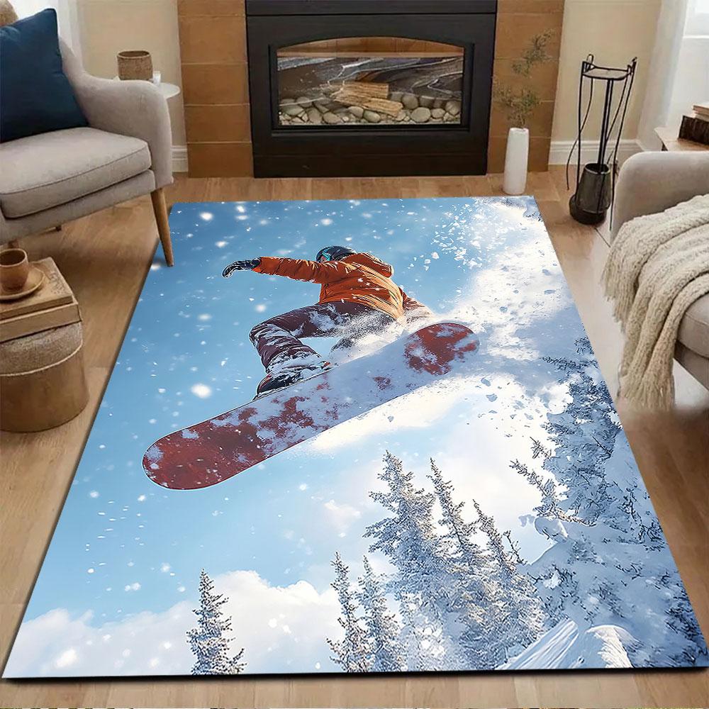 Snowboarder Jumping in Winter Mountains Patterned carpet, non slip mat suitable for living room and bedroom sofas