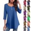3/4 Sleeve Shirts For Women Solid Color Round Neck Button Up Casual T-shirt With Curved Hem Top