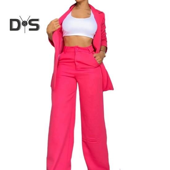 2 Pcs/Set Women Coat Pants Suit Single-breasted Turn-down Collar Long Sleeve Catdigan Jacket Wide Leg Straight High Waist Pants Lady Commute Coat