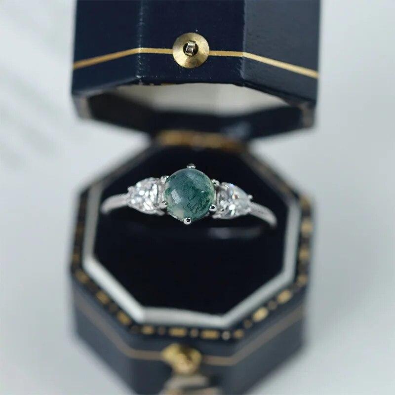 Женское кольцо с уникальным сердцем из натурального камня с текстурой зеленого мха, травы, агата и цветка, подарок из стерлингового серебра, ювелирные изделия