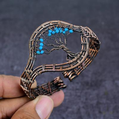 Браслет-манжета из натуральной аризонской бирюзы с медной проволокой, регулируемый U2D93