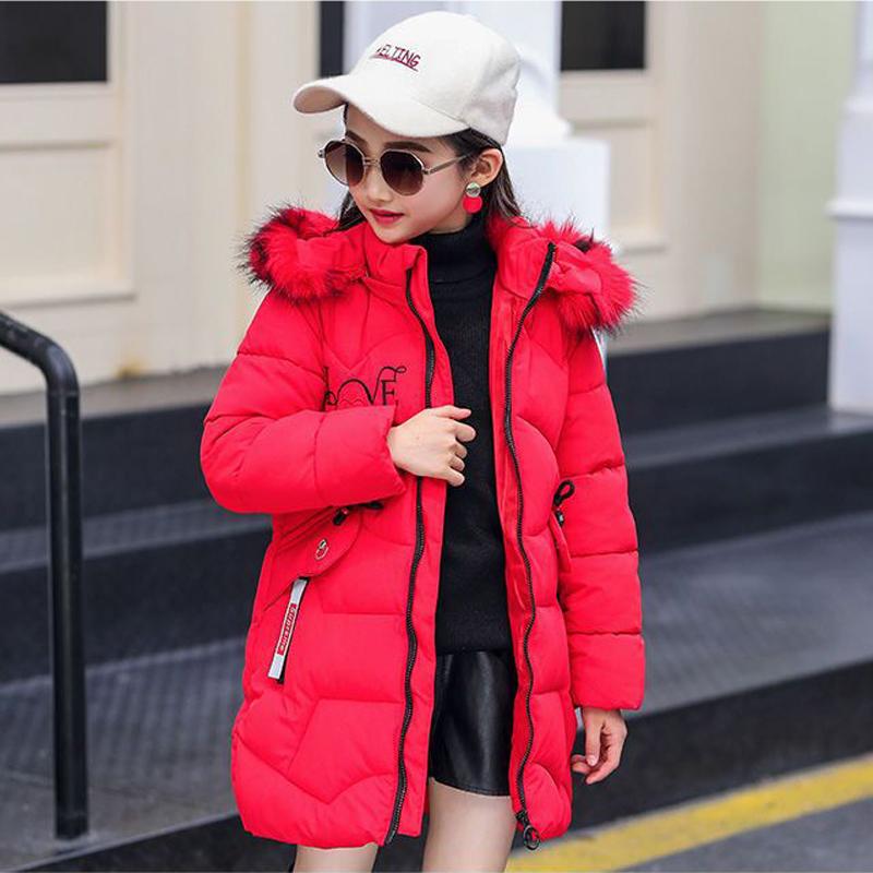 Winter Girls' Cotton Jacket Thick Keep Warm Winter Girls Jacket Fur Collar Heart Pattern Padded Detachable Hat Hooded Heavy Coat for Children