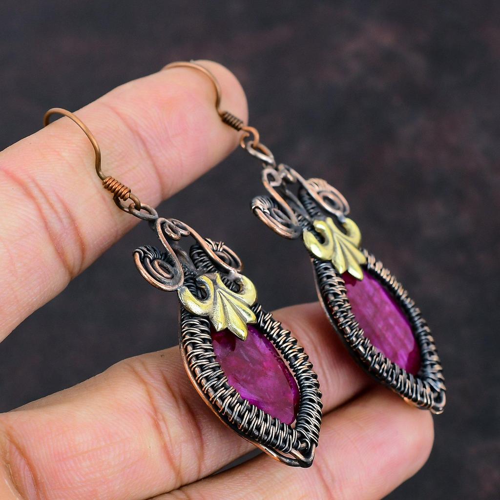 Граненые кашмирские рубиновые серьги, серьги из медной проволоки, кашмирские рубиновые украшения, серьги ручной работы с драгоценными камнями, подарок на помолвку, ювелирные изделия из медной проволоки