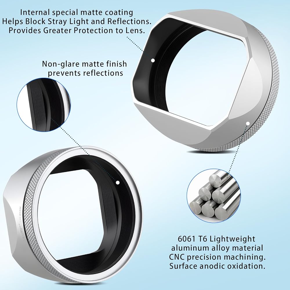 Haoge LH-X54W Square Metal Lens Hood with 49mm Adapter Ring for Fuji X100VI X100V Camera Silver