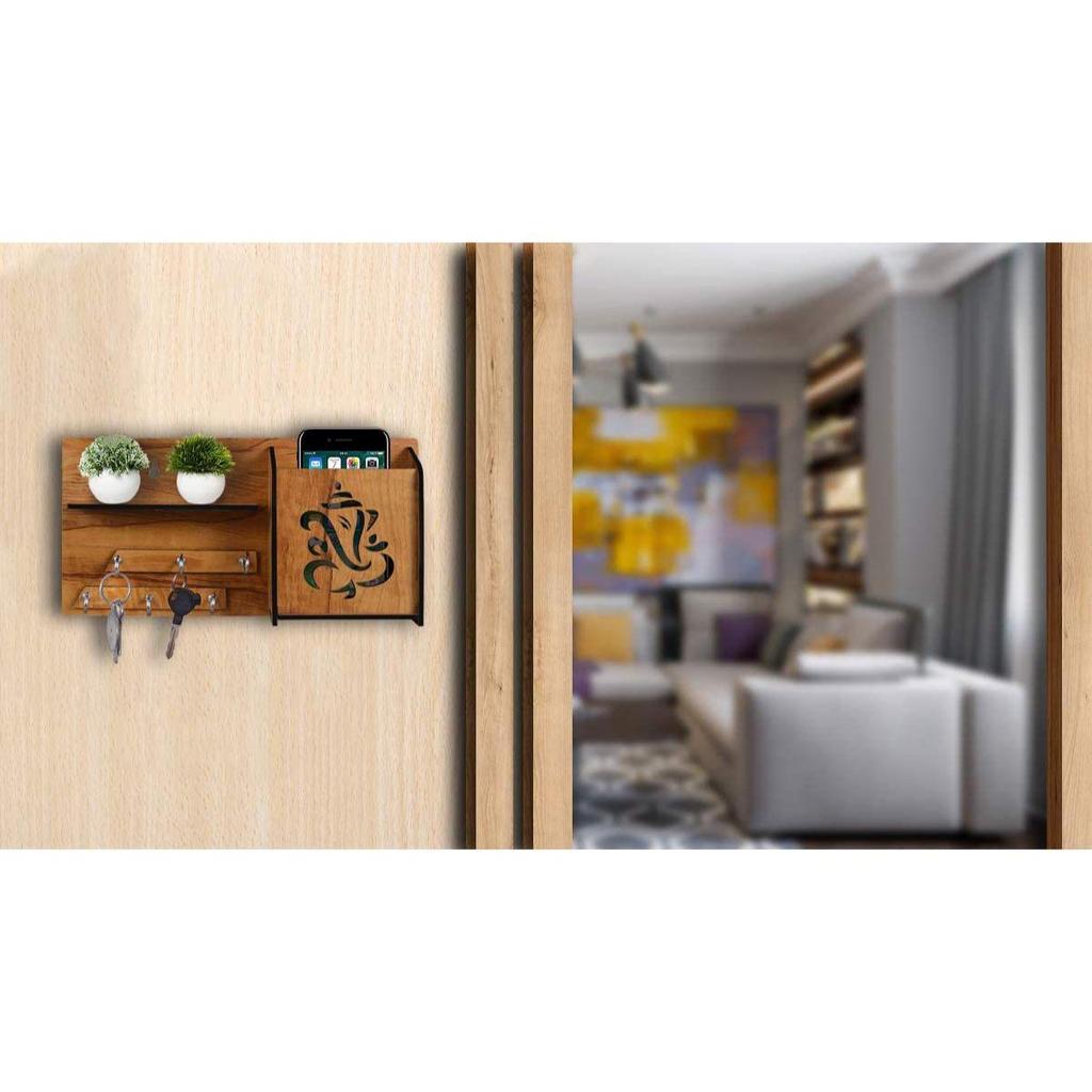 Многоцелевой деревянный держатель ключей Ганеша с мобильной подставкой и настенной полкой, 6 крючков для ключей, упаковка из 1 шт., деревянный