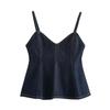 2025 Spring Women's European & American Style Sexy Wavy Hem V-Neck Spaghetti Strap Denim Top