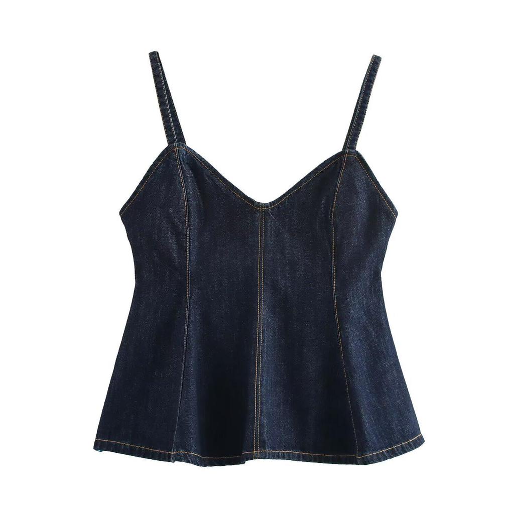 Spring 2025 Women's European & American Style Sexy V-Neck Spaghetti Strap Wave Hem Denim Jacket Top