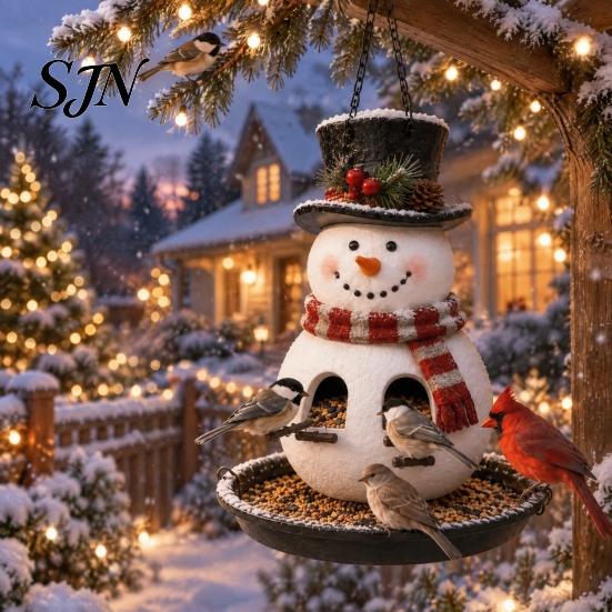 Hanging Bird Food Dispenser for Patio Christmas Snowman Feeder, Resin Decorative Wild Weatherproof Feeder Garden Ornament Yard Balcony, Gift Lovers