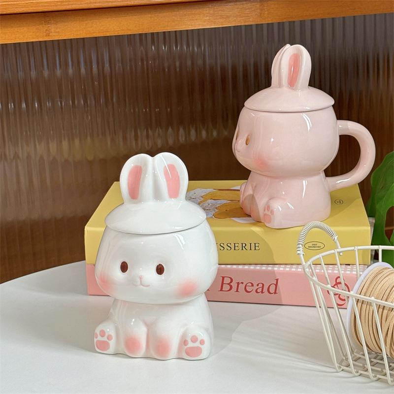 Cartoon Rabbit Shaped Ceramic Mug with Lid Coffee Milk Cup Cute Couple Breakfast Cup Household Drinkware Valentine's Day Gift