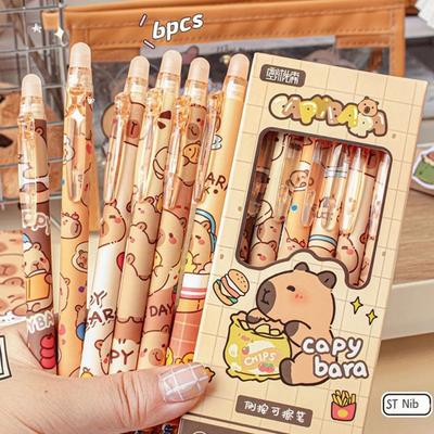 6 шт., стираемая ручка Kawaii Capybara, эстетическая гелевая ручка 0,5 мм, INS, милая ручка для письма, канцелярские товары