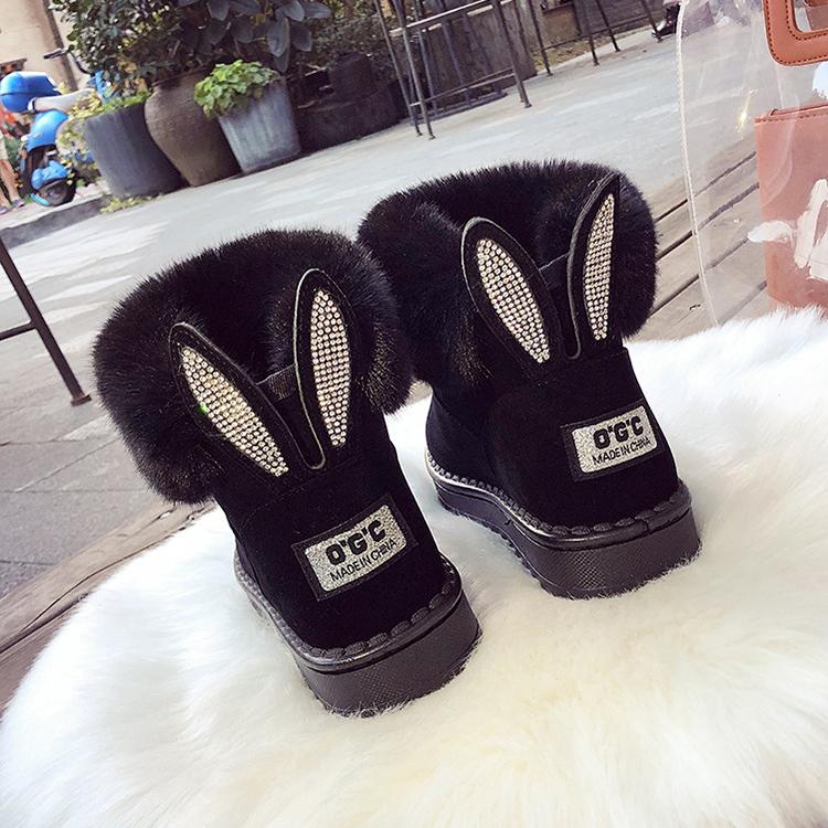 Rhinestone Rabbit Ear Women Winter Snow Boots Velvet Padded Shoes Boots Outdoor Fur Keep Warm Shoes Female Solid Casual Boots
