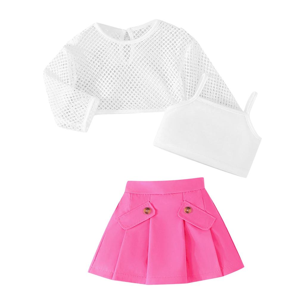 Летний комплект из трех предметов для девочек: сетчатый топ с длинными рукавами, короткая жилетка, плиссированная юбка на бретелях