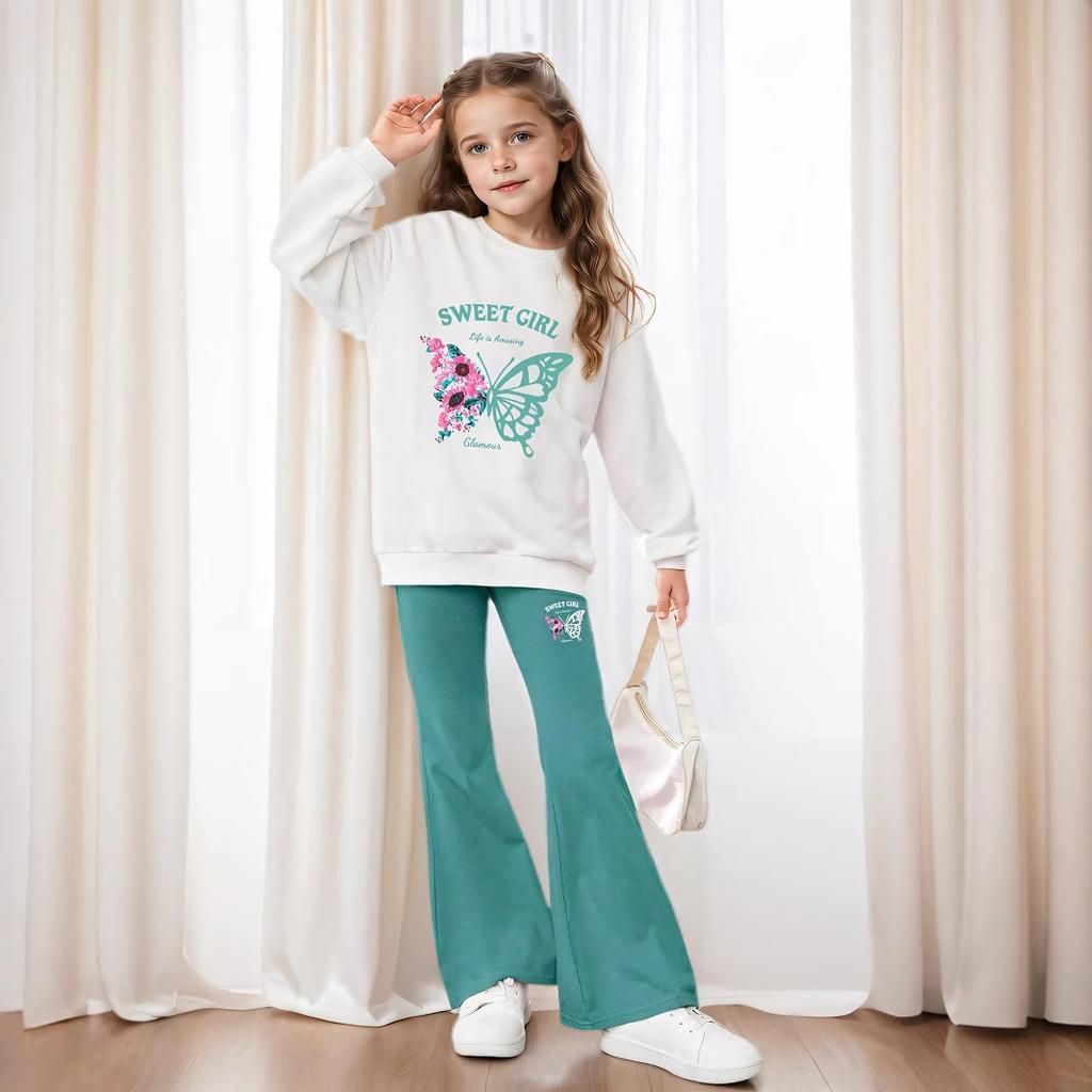 Комплект из 2 предметов для девочек, толстовка с длинными рукавами и принтом «бабочка» + расклешенные брюки, повседневный детский костюм на осень