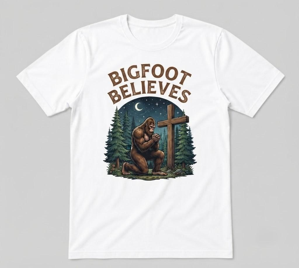 Christian Bigfoot Bigfoot Believes Unisex Tee White T-shirt