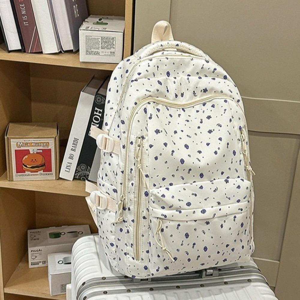 Large Capacity Bow Pattern School Bag Multi-compartment Rucksack Floral Print Backpack Travel