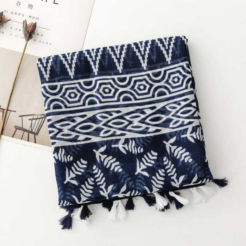 Women'S Soft Navy Blue Bohemian Tassel Scarf, Fashionable Scarf, Headscarf, Travel, Vacation, Beach Wrap, Shawl for Weekend Casual