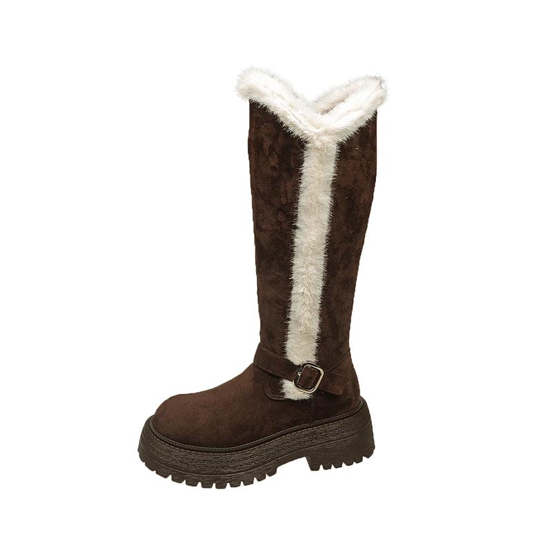 Модные высокие ботинки Зимние Новые Круглый носок Замша Металлическая пряжка Платформа Нескользящие Износостойкие Блочный каблук Хлопковая обувь