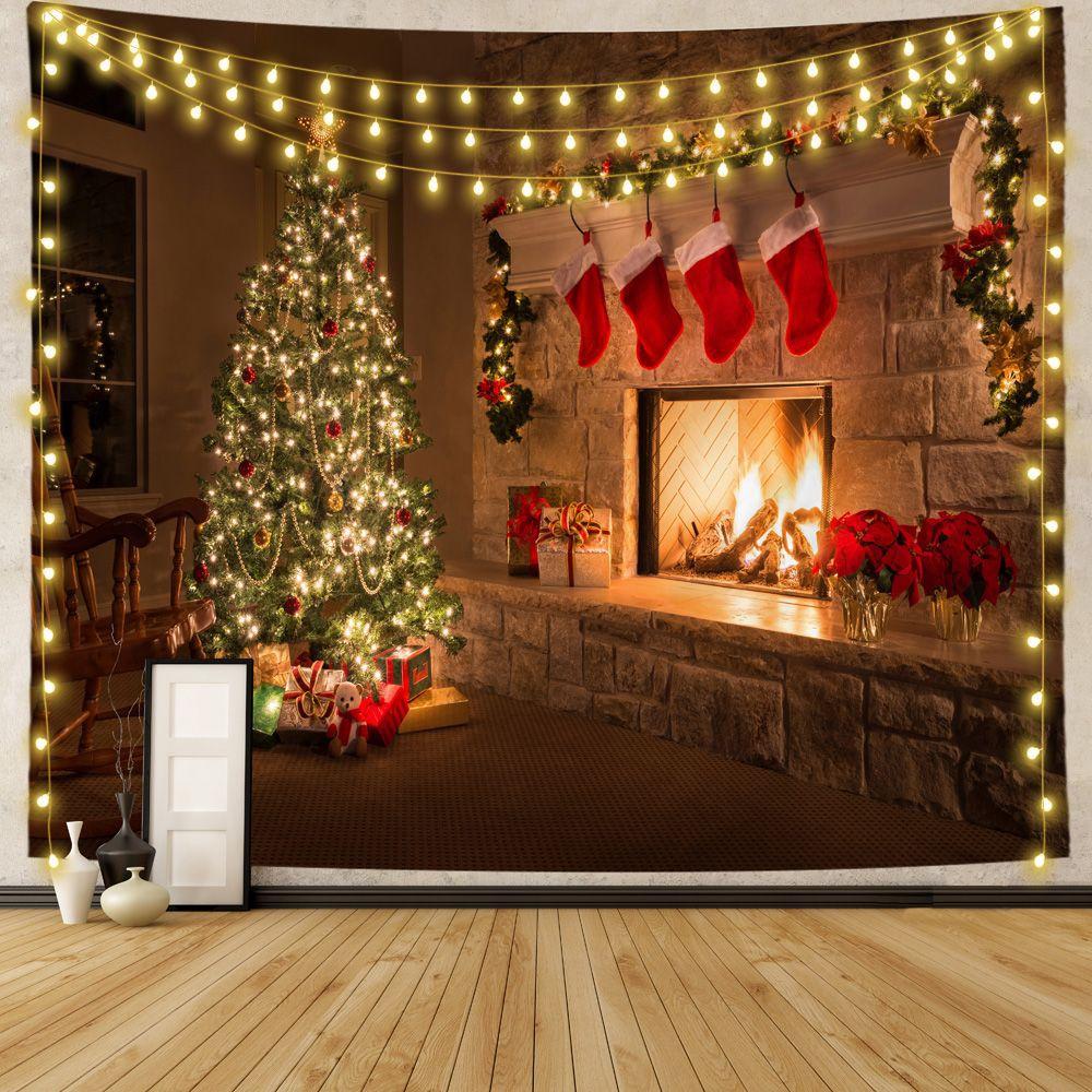Подарочное украшение с рождественской елкой, камин, гобелен с принтом, украшение для дома, гостиной, спальни, гобелен