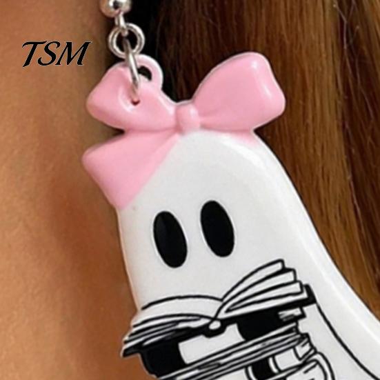 Hypoallergenic Alloy Hooks Cute Reading Ghost Earrings, Sweet Bowknot Drop Whimsical Earrings Lightweight Acrylic Halloween Jewelry for Women Girls