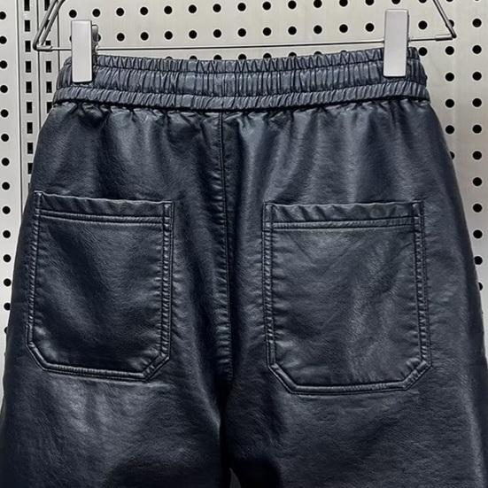 Men Pants Faux Leather Elastic Waist Windproof Waterproof Ankle-banded Patchwork Solid Color Loose Thick