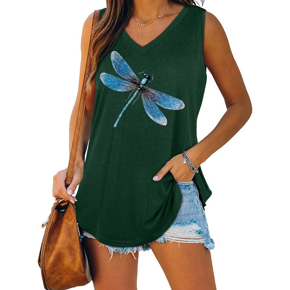 Women Summer Dragonfly Printed V-neck Swallowtail Sleeveless Vest